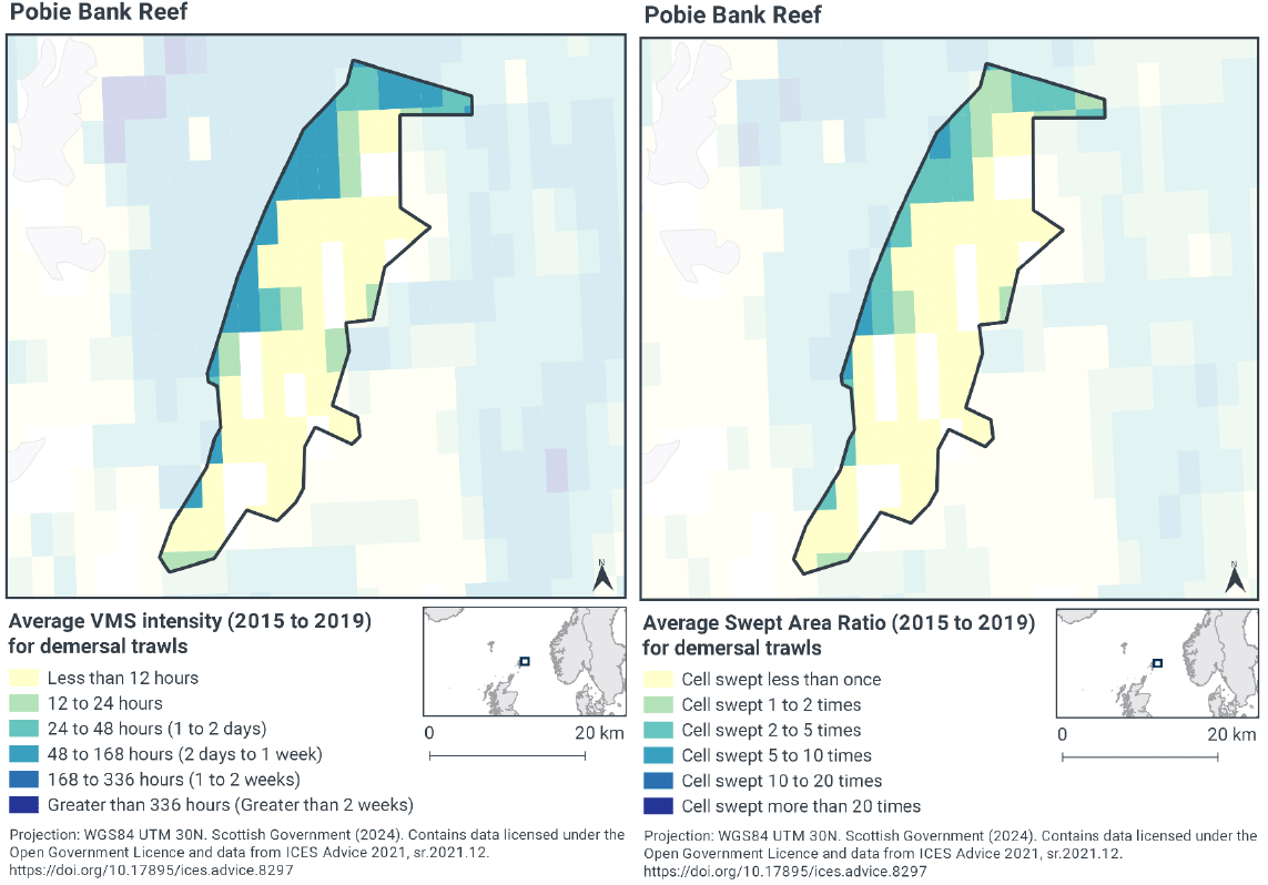 Map of demersal trawl activity by hours per year from 2015-2019. Most of Pobie Bank receives less than 12 hours demersal trawling per year, with a much higher rate in the northwest, where the rate is 48-168 hours per year. Map of demersal trawl activity by sweeps of cells each year from 2015-2019. Most of Pobie Bank receives less than one sweep of demersal trawling per year, with a much higher rate along the northwestern side, where the rate ranges from 1 to 2 hours per year up to 5-10 on the boundary the reef.