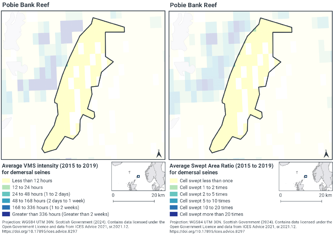 Map of demersal seine activity by hours fished in Pobie Bank from 2015-2019. No area of the reef had more than 12 hours demersal seine activity per year, most demersal seine activity happened to the west of the reef, with some cells here having over 336 hours per year. Map of demersal seine activity by times cell swept in Pobie Bank from 2015-2019. across the reef there was less than one sweep per year, most demersal seine activity happened to the west of the reef, with some cells here being swept more than 20 times per year.