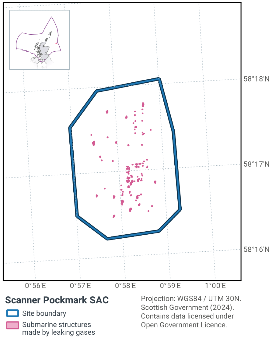 Map of Scanner Pockmark SAC, showing numerous submarine structures made by leaking gases across the area, with a greater concentration in the southern half. Scanner Pockmark is located to the east of the Moray Firth, between 58°19N 0°56E and 58°16N and 1°00E