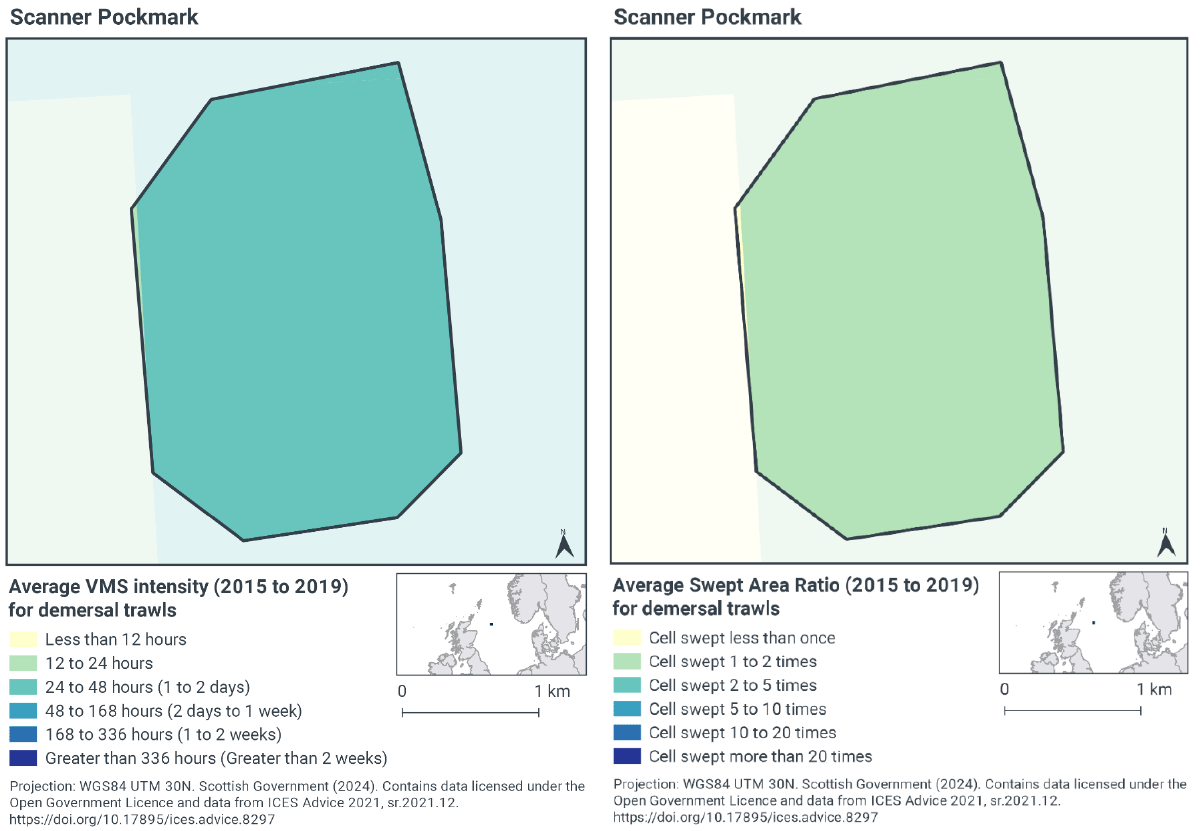 Map of intensity of demersal trawling vessels monitored in Scanner Pockmark, showing 24-48 fishing hours within the area and to the north, south, and east of it. West of Scanner Pockmark there are less than 12 hours per year. Map of average amount of sweeps by demersal trawls around Scanner Pockmark, showing 1-2 times within the area and to the north, south, and east of it. West of Scanner Pockmark there is less than 1 sweep a year.