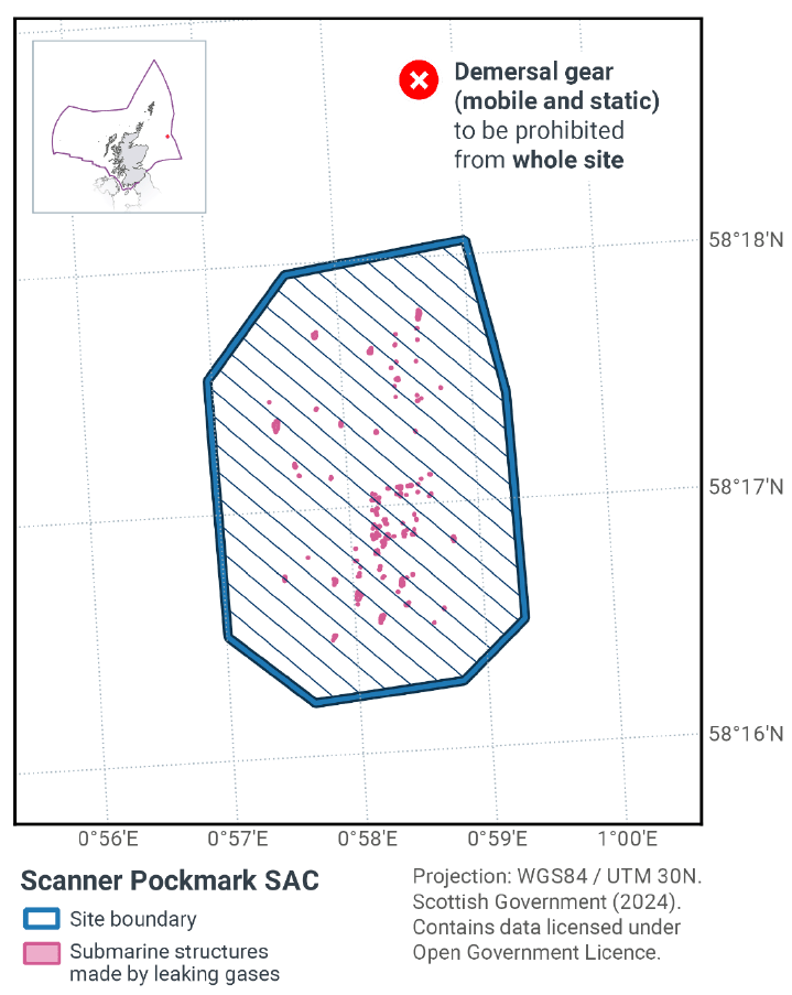Map of Scanner Pockmark SAC, showing numerous submarine structures made by leaking gases across the area. The map indicates that mobile and static demersal gear will be prohibited from the whole site, but not the surrounding waters.