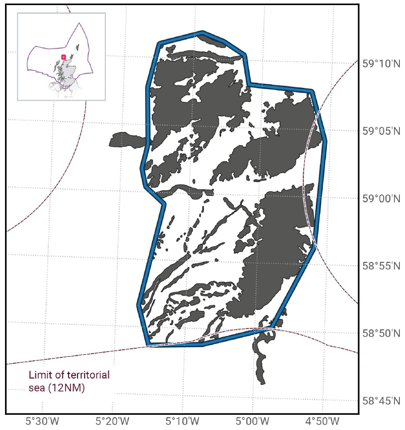 Map of Solan Bank Reef SAC, a rough shape between 59°15N, 5°20W and 58°45N, 4°50W. The SAC sits just north of the 12 nautical mile limit of Scotland's territorial sea beyond Cape Wrath. The SAC contains a large area of reefs, with two narrow sections of reef protruding beyond the SAC: one in the northwest and one in the southeast.