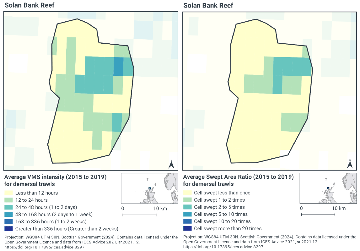 Map of Solan Bank Reef SAC showing most of the reef receives 24 hours or less of demersal trawl activity per year, with a higher rate in the northwest, from 48 to 168 hours yearly. One cell in the extreme northwest of the reef area is trawled for between 168 to 336 hours yearly. Map of Solan Bank Reef SAC showing most of the SAC is swept less than twice a year (with most swept less than once a year), although the northwest shows 2 to 5 times yearly.