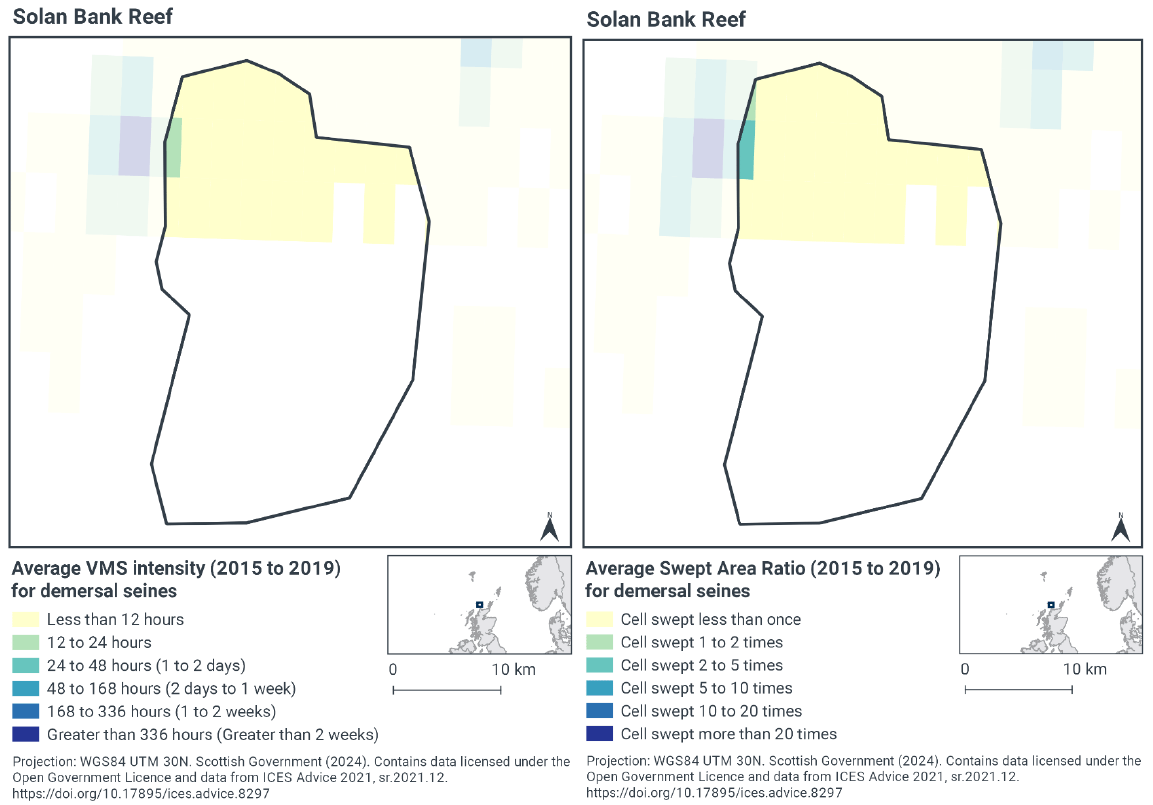 Map of demersal seine activity in Solan Bank Reef. There is only demersal seine activity in the northern third of the reef, where most cells had less than 12 hours seine activity per year. On the north eastern boundary of the reef one cell experienced 12 to 24 hours of seine activity. Map of demersal seine activity in Solan Bank Reef. There is only demersal seine activity in the northern third of the reef, where most cells were swept less than once a year. The north eastern boundary of the reef intersects with an area of higher activity, with cells on the boundary experiencing up to 5 sweeps each year.
