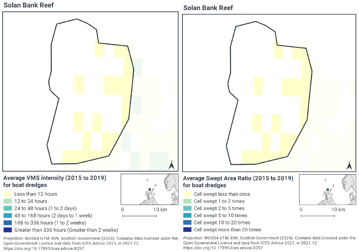 Map of Solan Bank Reef showing boat dredge activity is present in the more eastern and southern regions of the reef, with no cell experiencing more than 12 hours dredge activity each year. Map of Solan Bank Reef showing boat dredges only swept the cells in the east and south of the reef, and of the cells that were swept each was swept less than once a year.