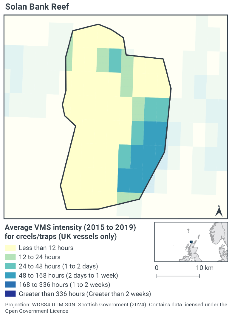 Map of creel and trap activity in Solan Bank Reef. Most of the reef experiences less than 12 hours of this activity yearly, however the southwestern area experiences up to 168 hours of this activity per year. In the centre of the norther end of the reef creel activity is up to 48 hours yearly.