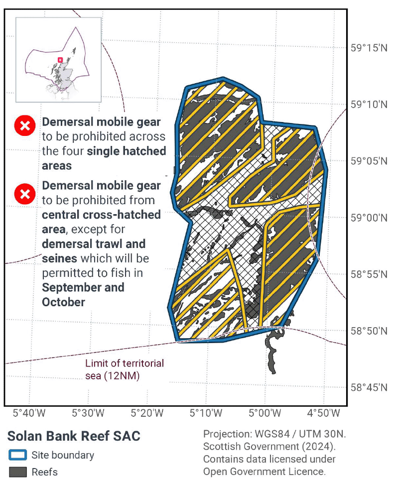 Map of proposed management measures for Solan Bank Reef. The four largest sections of reef, accounting for most of the area of Solan Bank are marked as prohibited for all demersal mobile gear. The remainder of Solan Bank (a section in the centre and west of the area, as well as the gaps between the larger reefs) is marked as prohibiting all demersal mobile gear except for demersal trawls and seines which will be permitted only in September and October.