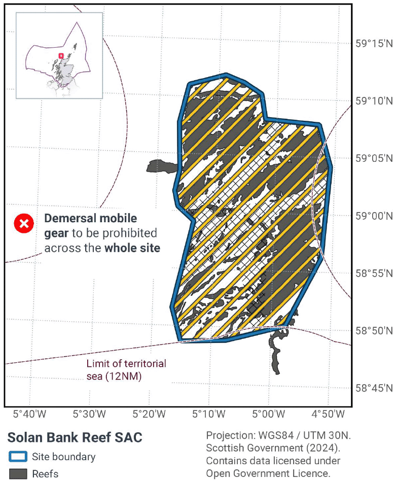A Map of proposed measures for Solan Bank Reef showing that demersal mobile gear of all types would be prohibited across the whole site at all times.