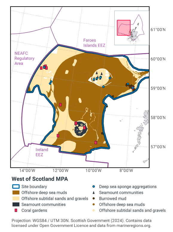 Map of West of Scotland MPA, an area occupying most of Scotland's EEZ west of the outer Hebrides. The northern boundary adjoins the Faroe Islands EEZ, the southern boundary adjoins Ireland's EEZ, and adise from an indent in the southwest the western boundary is the NEAFC regulatory area. The eastern boundary is a broken curve roughly tracking, but a substantial distance from the outer Hebrides, largely just west of 9°00W. The MPA is largely composed of offshore deep sea muds, with offshore subtidal sands and gravels present throughout, but primarily in the west. In the south and west of the MPA there are coral gardens, with a large seamount community in the southeast, and a cluster of smaller seamount communities in the north. Deep Sea sponge aggregations can be found in the north, and along the eastern boundary, particularly in the north there are clusters of burrowed muds.