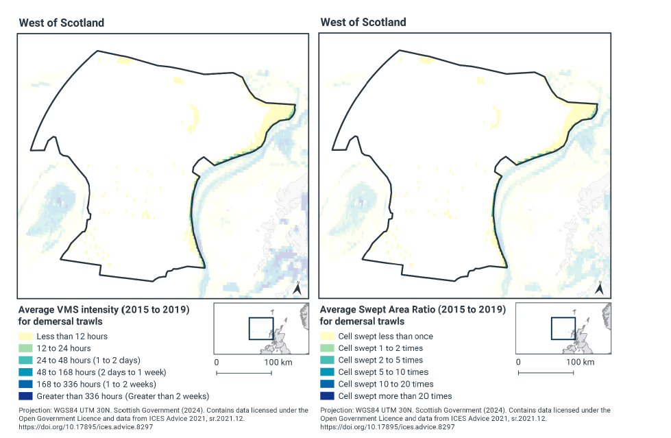 Left- Map of west of Scotland MPA showing demersal trawl intensity by time spent trawling. Most of the MPA does not experience demersal trawls. Some small patches in the north experience less than 12 hours yearly, with an area along the northeastern edge experiencing 12 hours or less, which continues down the eastern edge, occasionally intersecting with a band of greater trawling activity rising to 24-48 hours yearly. Right- Map of west of Scotland MPA showing demersal trawl intensity by swept area ratio. Most of the MPA does not experience demersal trawls. Some small patches in the north experience less than 1 sweep yearly, with an area along the northeastern edge experiencing 1 sweep or less, which continues down the eastern edge, occasionally intersecting with a band of greater trawling activity rising to 2-5 sweeps yearly.