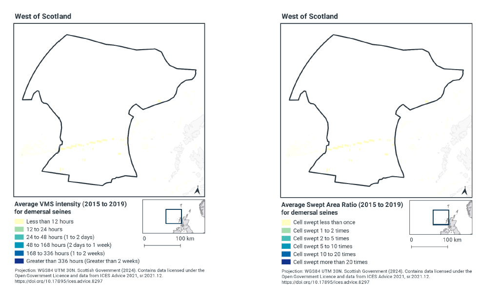 Left: Map of west of Scotland MPA showing demersal seine intensity by hours spent fishing, almost all of the MPA has no recorded seine activity, with one band through the south showing less than 12 hours yearly. Right: Map of west of Scotland MPA showing demersal seine intensity by swept area ratio, almost all of the MPA has no recorded seine activity, with one band through the south showing less than 1 sweep yearly