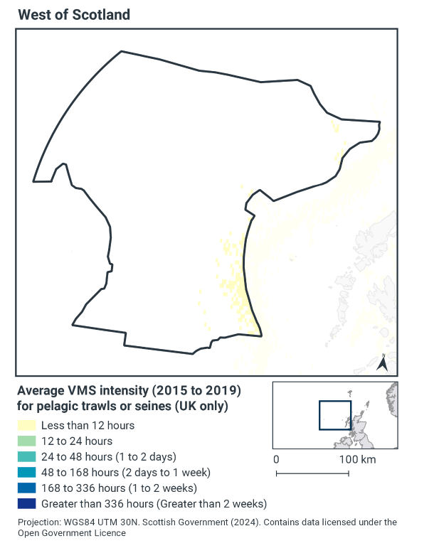 Map of west of Scotland MPA showing the average intensity of pelagic trawls and seines in time spent fishing. There is no such activity in most of the MPA, with some areas in the southeast and very few in the north east experiencing 12 hours or less yearly