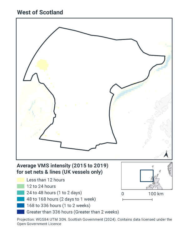 Map of west of Scotland MPA showing average intensity in time spent fishing using set nets and lines. The vast majority of the MPA does not experience this activity. A large area of low activity (less than 12 hours yearly) exists in the westernmost portion of the MPA, alongside some small instances of 12 hours or less in the southwest
