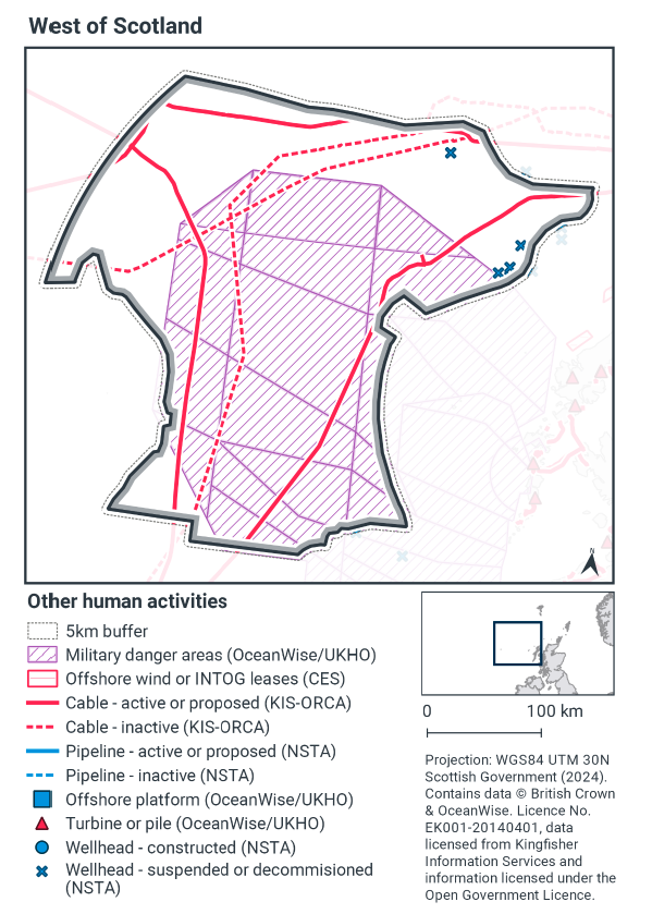 Map of west of Scotland MPA showing a significant amount of the MPA falls within a military danger zone, with only the northern and western regions of the MPA outside of it. Suspended or decommissioned wellheads exist in the northeast. Two inactive cables pass through the MPA from the northeast, one continuing southwest and one turning to run south. Two active or proposed cables enter from the west, one turning to head directly south and another running northeast. A third cable enters from the northeast and turns to head south-southeast