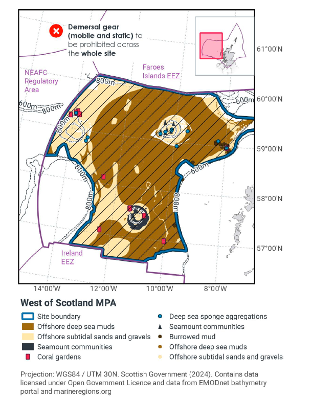 Map of west of Scotland MPA stating demersal gear (both mobile and static) is to be prohibited across the entire site
