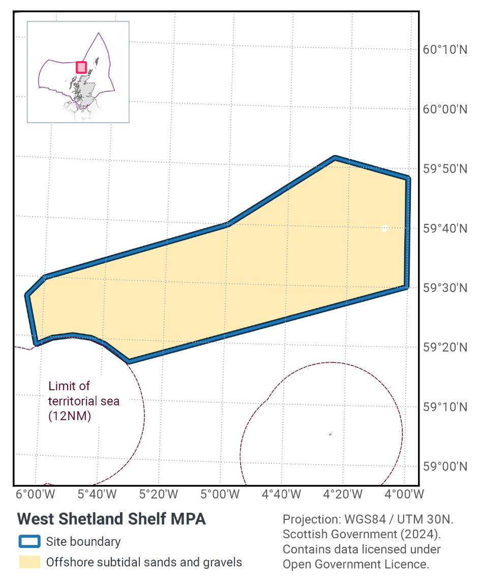 Map of West Shetland Shelf MPA, an oblong area of offshore subtidal sands and gravels north of Durness. The MPA is located between 59°55N 6°10W and 59°15N 4°00W.