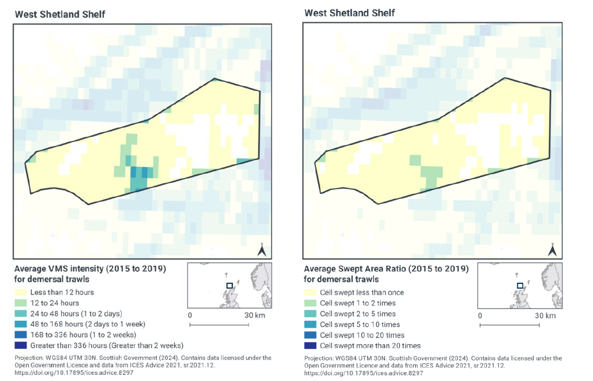 Left image: Map of the MPA showing intensity of demersal trawls by time spent. Most of the MPA experiences less than 12 hours demersal trawling yearly, with one region in the centre experiencing it at a higher rate, rising to 48-168 hours in places. Some higher rates are experienced on the fringes of the MPA, though not more than 48 hours yearly.
 Right image: Map of the MPA showing demersal trawls by average swept area. Much of the MPA experiences less than one sweep a year, however in the centre some cells were swept 1-2 times yearly, as well as in some cells on the southeast and northwest fringes