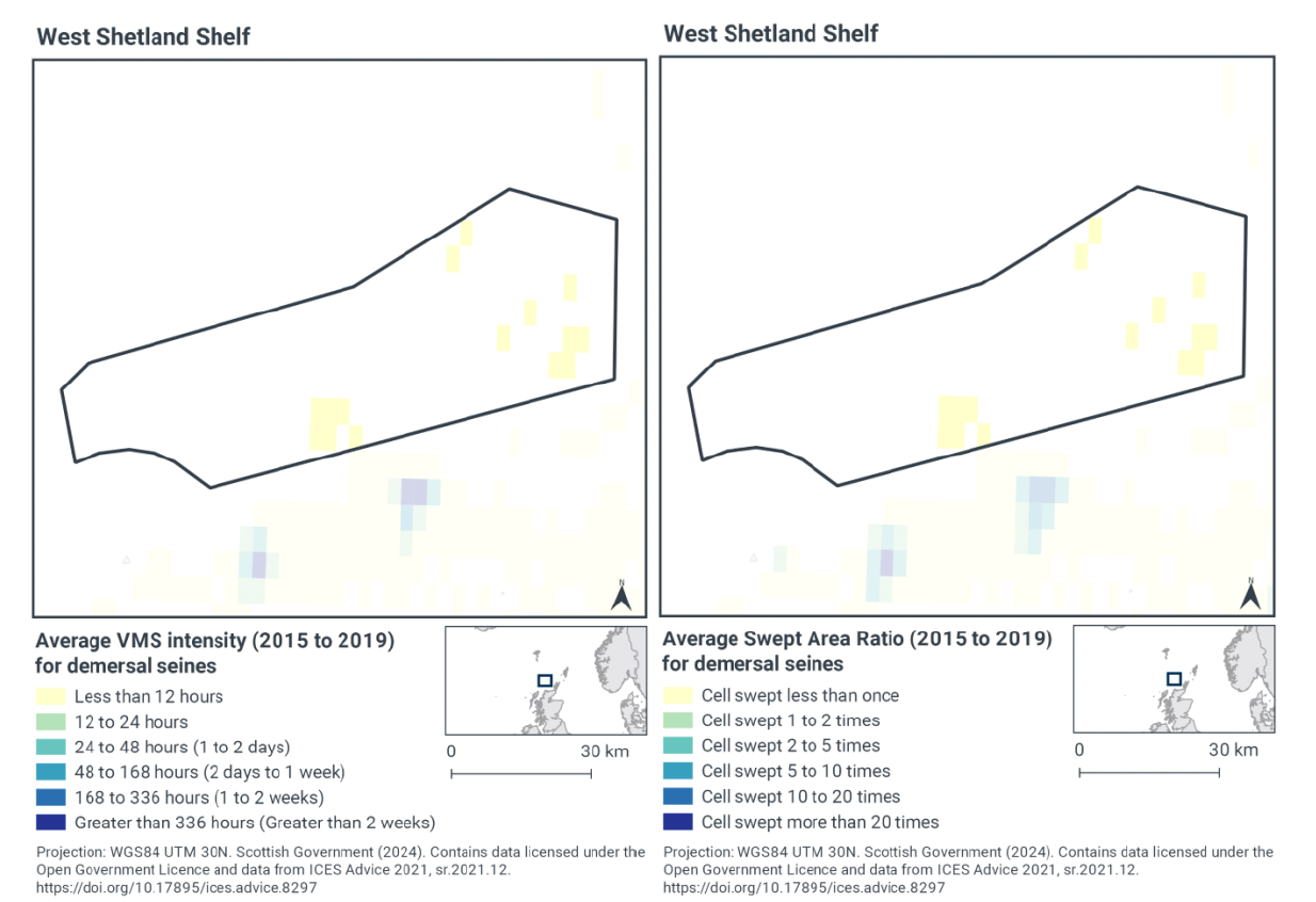 Left image: Map of the MPA showing demersal seine intensity by hours activity per year. Most of the MPA has no recorded demersal seine activity, with some small patches in the middle and east showing less than 12 hours.
 Right image: Map of the MPA showing demersal seine intensity by swept area ratio per year. Most of the MPA has no recorded demersal seine activity, with some small patches in the middle and east showing less than one sweep a year