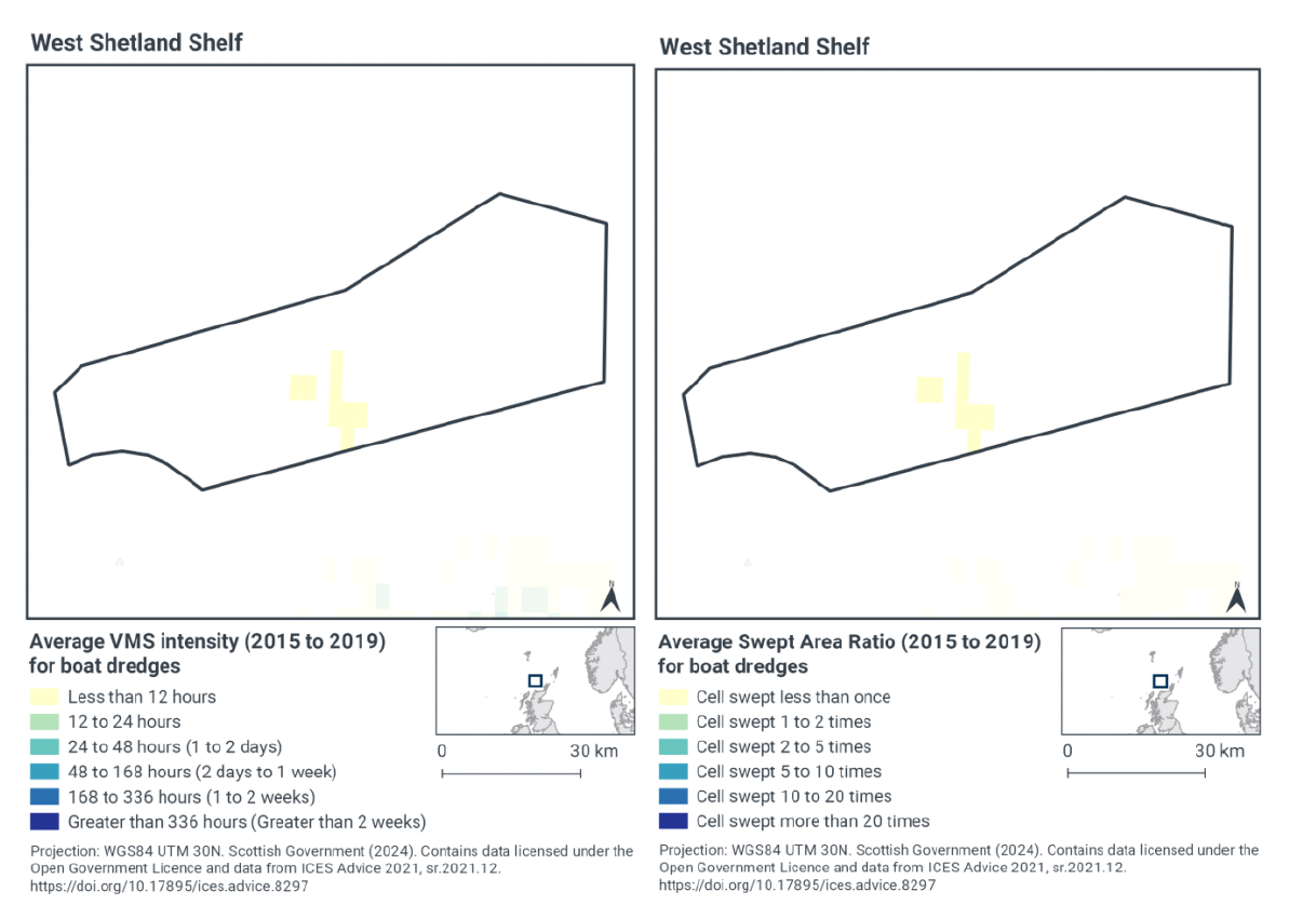 Left image: Map of the MPA showing boat dredges only occurred in the centre of the MPA, and for less than 12 hours per year on average
 Right image: Map of the MPA showing the swept area ratio for boat dredges. Most of the MPA has no recorded dredge activity, with some patches in the middle experiencing less than one sweep per year