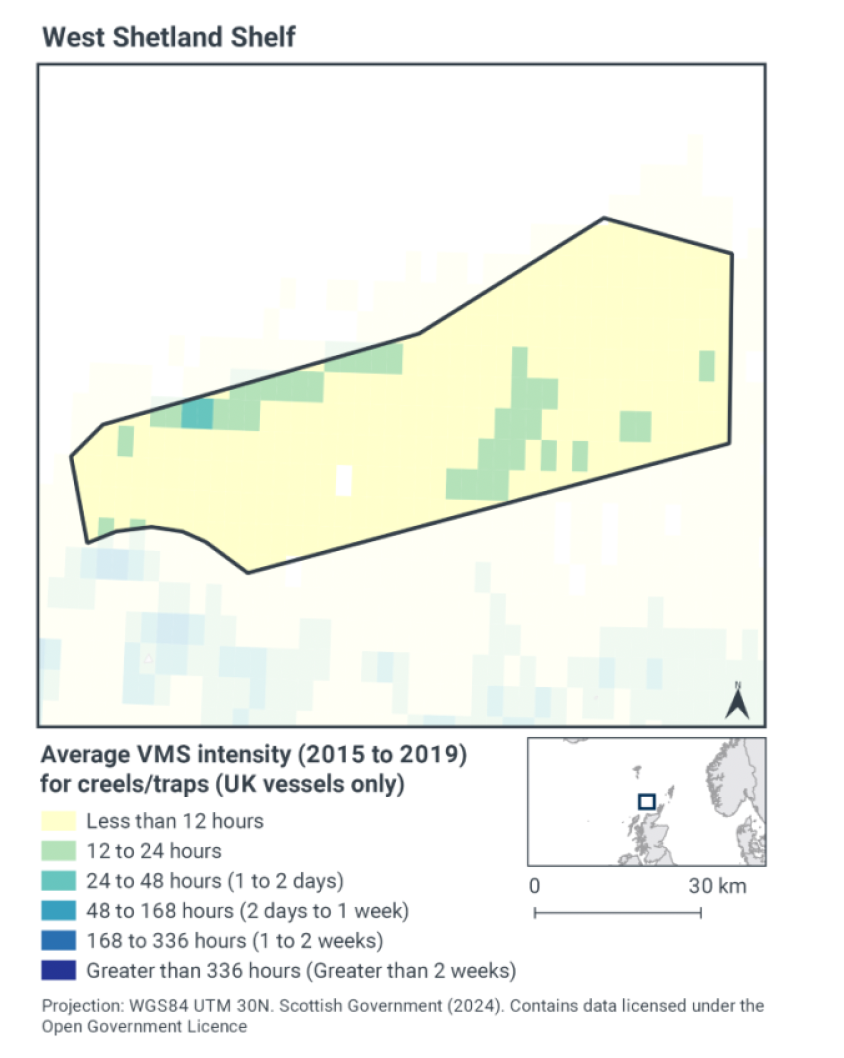 Map of the MPA showing trap and creel activity by hours per year. Most of the MPA experiences less than 12 hours per year, with some areas in the southwest having 12-24 hours activity yearly. On the northeastern boundary the rate is typically 12-24 hours, with two cells showing 24-48 hours activity