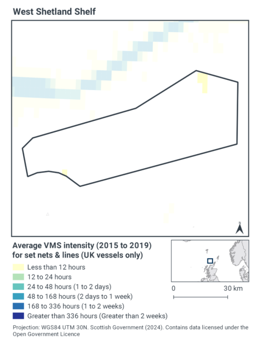 Map of the MPA showing set net and line activity by hours per year. Almost all of the MPA experiences no such activity, with a small point in the southwest and another in the northeast experiencing less than 12 hours yearly. 