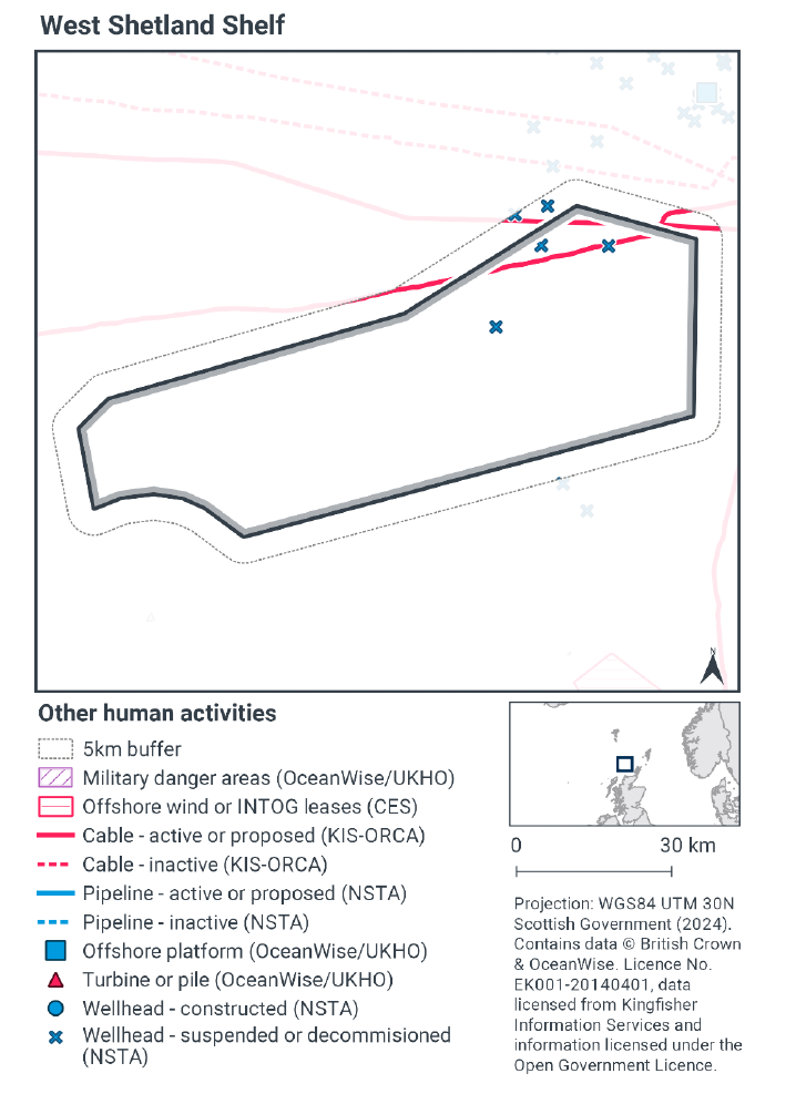 Map of the MPA showing no relevant other human activities present in much of the MPA. Some suspended or decommissioned wellheads exist in the northeast of the MPA, and an active or proposed cable passes through the northwest of the MPA running west north-west to east north-east