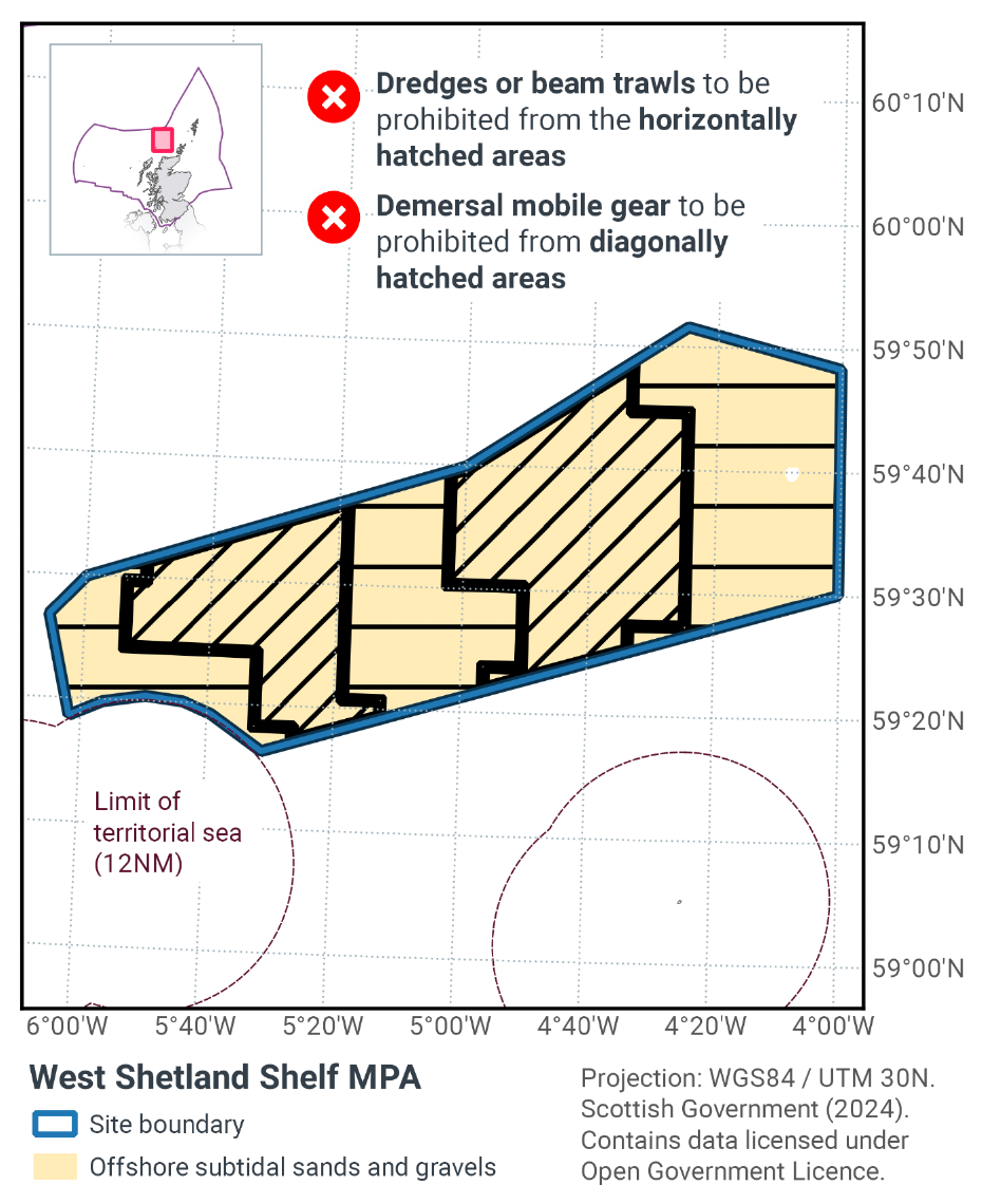 Map showing dredges and beam trawls to be prohibited from the entirety of the MPA, with all other demersal mobile gear only permitted in the furthest east section of the MPA, a small area in the centre, and the southeastern tip of the MPA