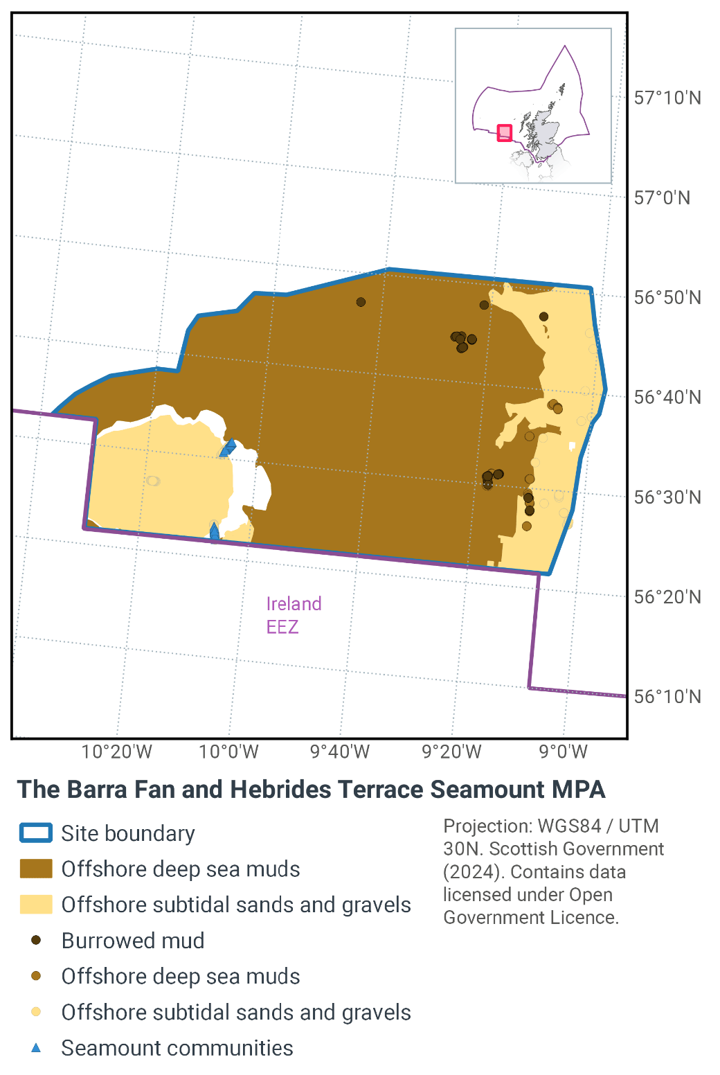 Map of Barra Fan and Hebrides Terrace Seamount MPA, west of Barra between 56°55N 10°40W and 56°20N 9°0W. The MPA is primarily composed of offshore deep sea muds, with offshore subtidal sands and gravels in the easternmost part of the MPA and in the southwest in the seamount. There are burrowed muds throughout the east and northeast of the MPA, and seamount communities in the southwest