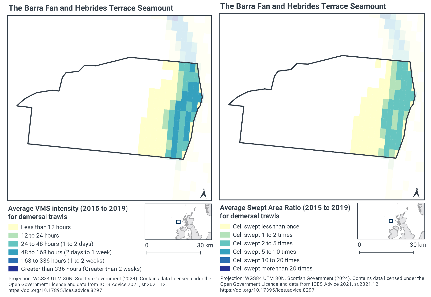Left - Map of the MPA showing average VMS intensity for demersal trawls in hours per year. Only the easternmost parts of the MPA show trawl activity, with a band of trawling 48-168 hours per year passing through the easternmost parts, with an area showing less than 12 hours per year just west of this band. Right - Map of the MPA, showing average swept area for demersal trawls. Only the eastern part of the MPA shows such activity, with an area being swept up to 5 times a year in the easternmost extent of the MPA, with an area being swept less than once a year just west of this.