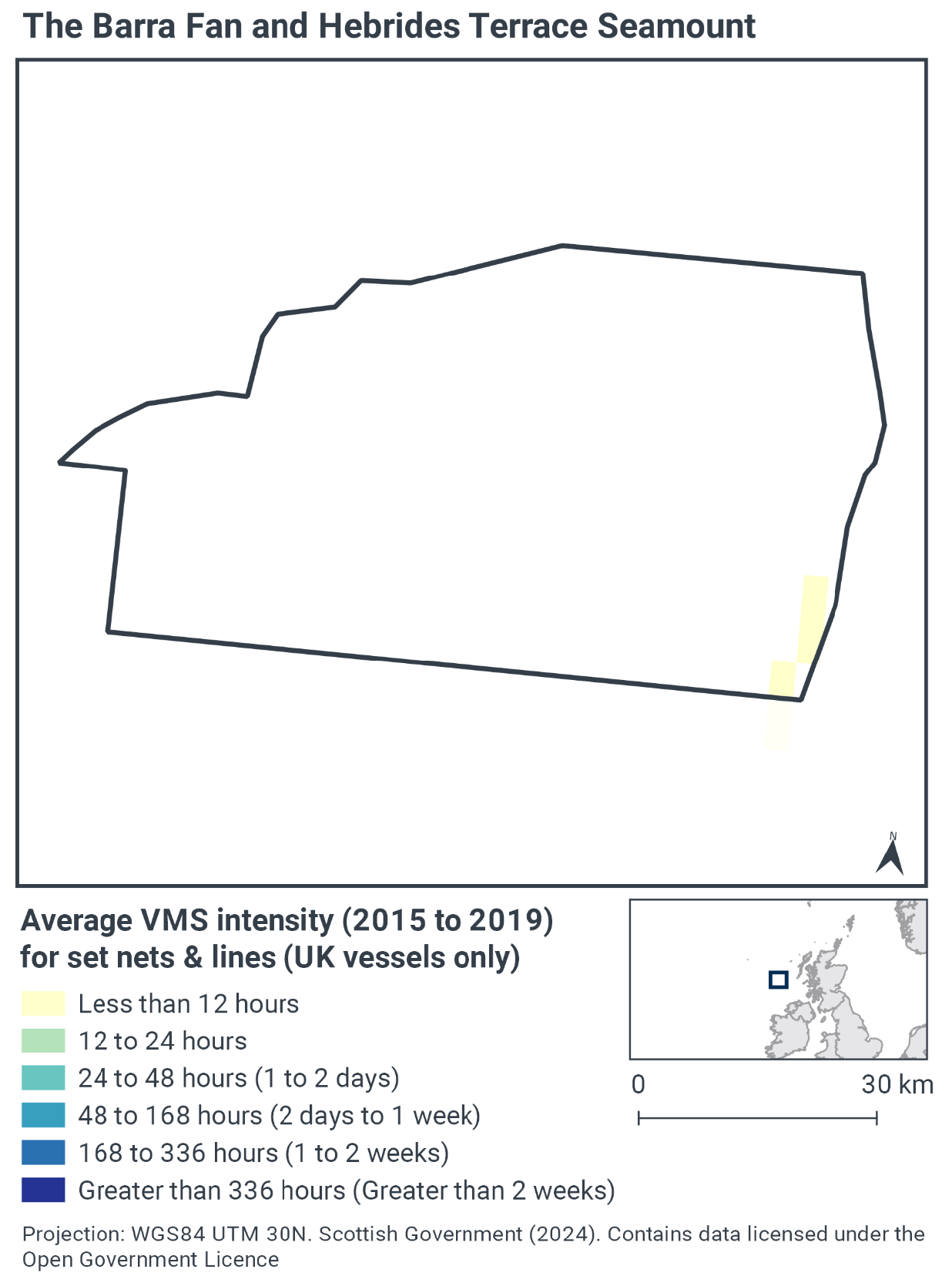 Map of set net and line activity in the MPA, showing almost all of the MPA has no such activity. In the southeast corner a small area has less than 12 hours activity, but this is the only part of the MPA showing any such activity