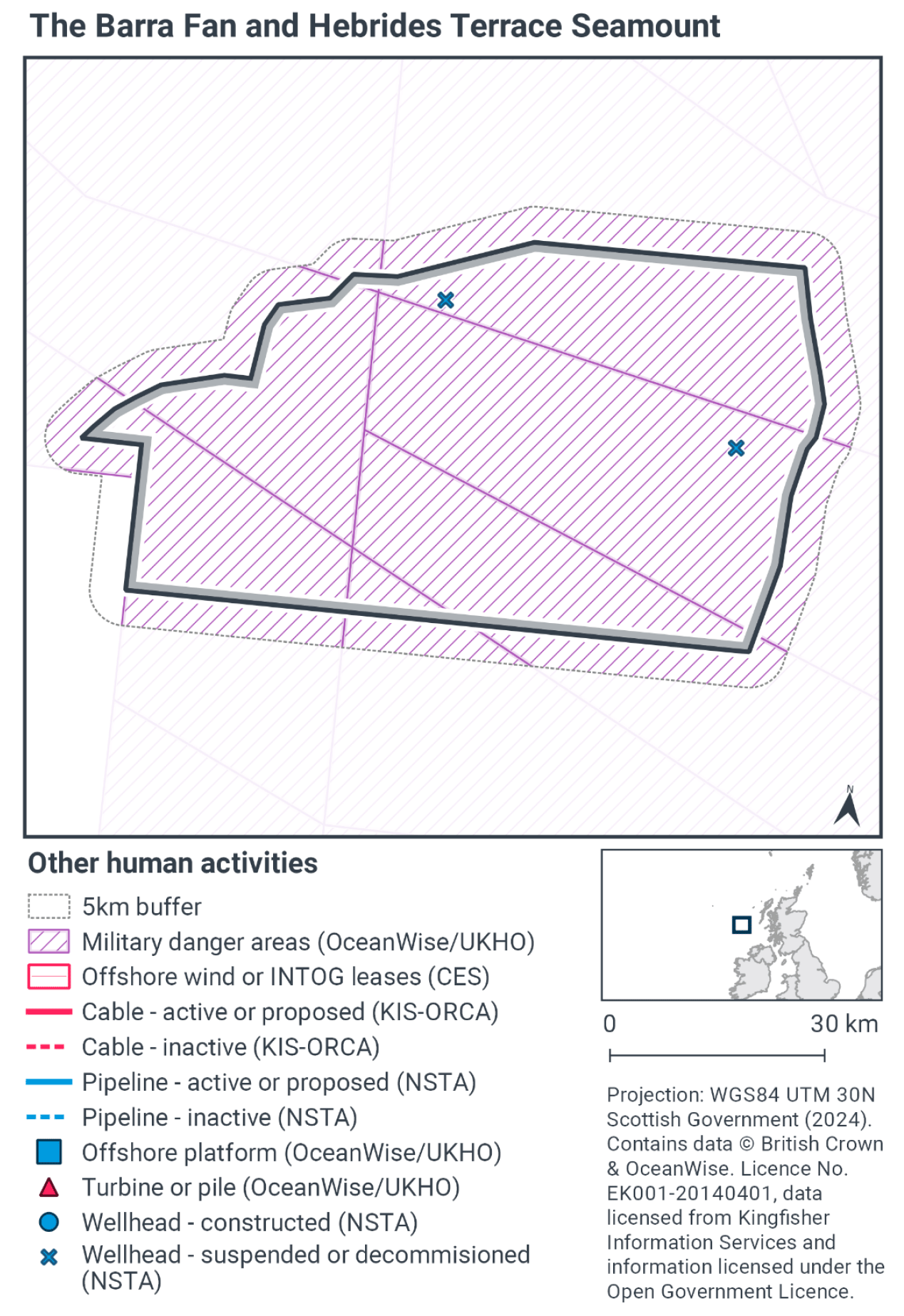 Map of the MPA showing the entire MPA exists within a military danger zone, there are also two suspended or decommissioned wellheads in the MPA, one near the northern boundary midway across the MPA, and a second near the eastern boundary, midway up the MPA