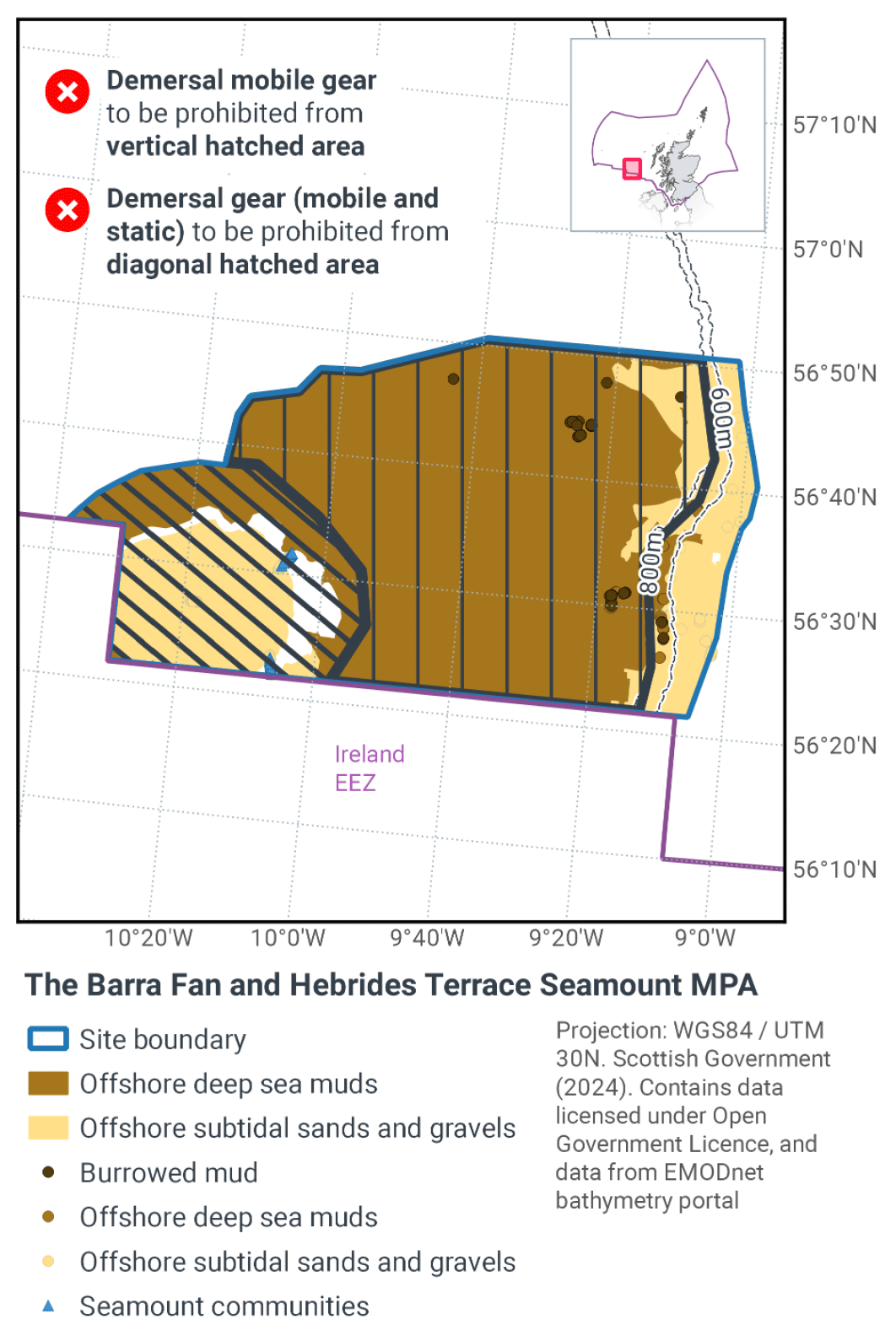 Map showing demersal mobile gear to be prohibited from all but the easternmost portion of the MPA (thus encompassing all offshore deep sea muds). Demersal static gear is also prohibited from the southwestern portion of the MPA, encompassing the seamount area