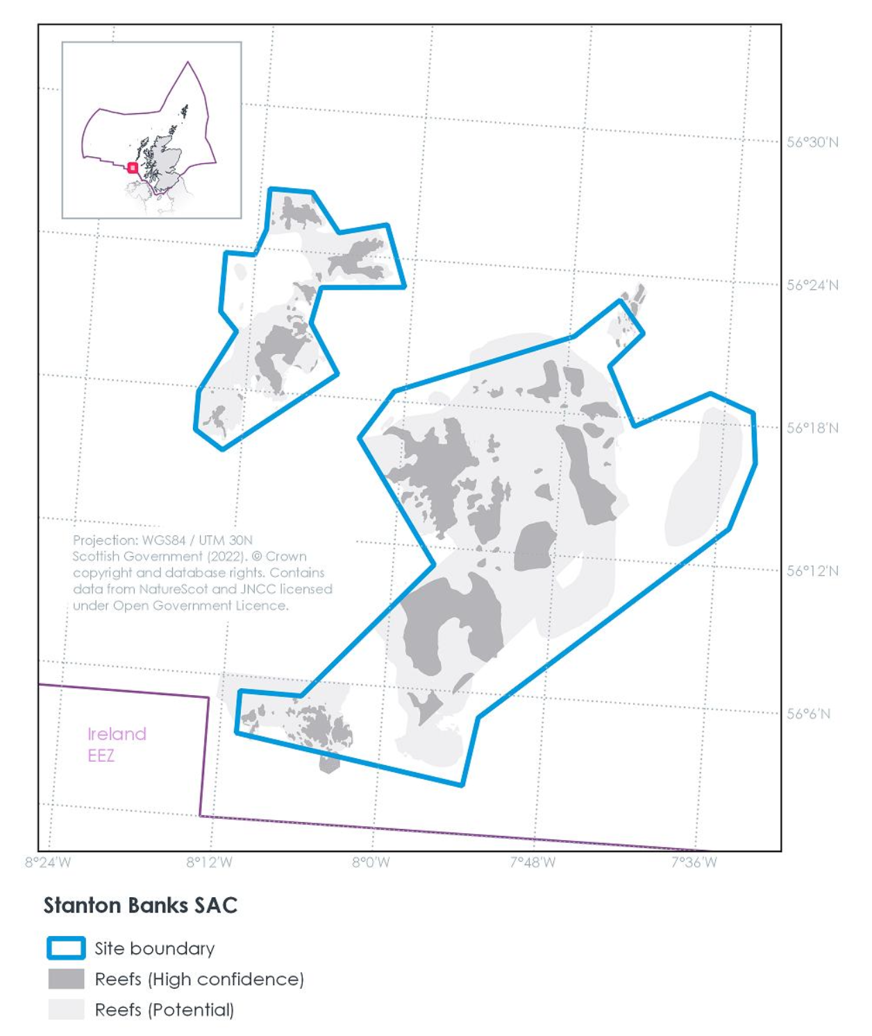 Map of Stanton Banks SAC, composed of two discrete sites encompassing areas of reef, parts of which are known with high confidence, while others are potential reefs. The two sites are close by, with the larger site southeast of the smaller. Both sites are between 56°28N 8°18W and 56°2N 7°30W south of Barra and just north of Ireland's EEZ.
