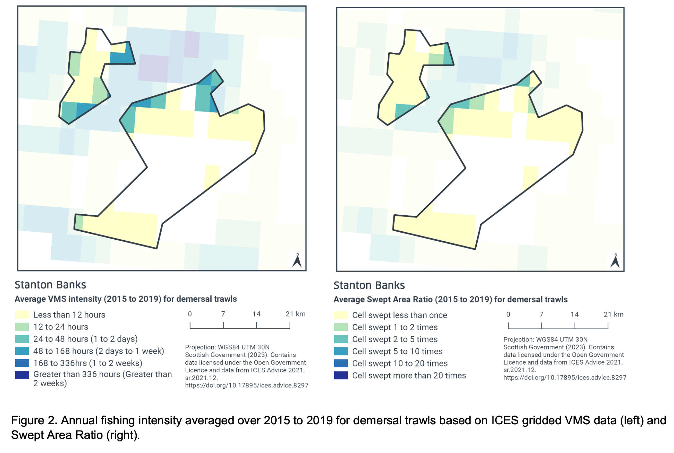 Map of Stanton Banks showing demersal trawl activity is typically less than 12 hours per year in much of both sections of the protected area. A region of much higher rates of trawling occurs between the two sections, intersecting with the southeast of the northern section and the northwest of the southern section. In the areas of intersection trawling rates rise to as much as 168 hours. Map of Stanton Banks showing demersal trawlers sweep much of both sections of the protected area less than once a year. A region of much higher rates of trawling occurs between the two sections, intersecting with the southeast of the northern section and the northwest of the southern section. In the areas of intersection trawling rates rise to as much as 5 sweeps per year.