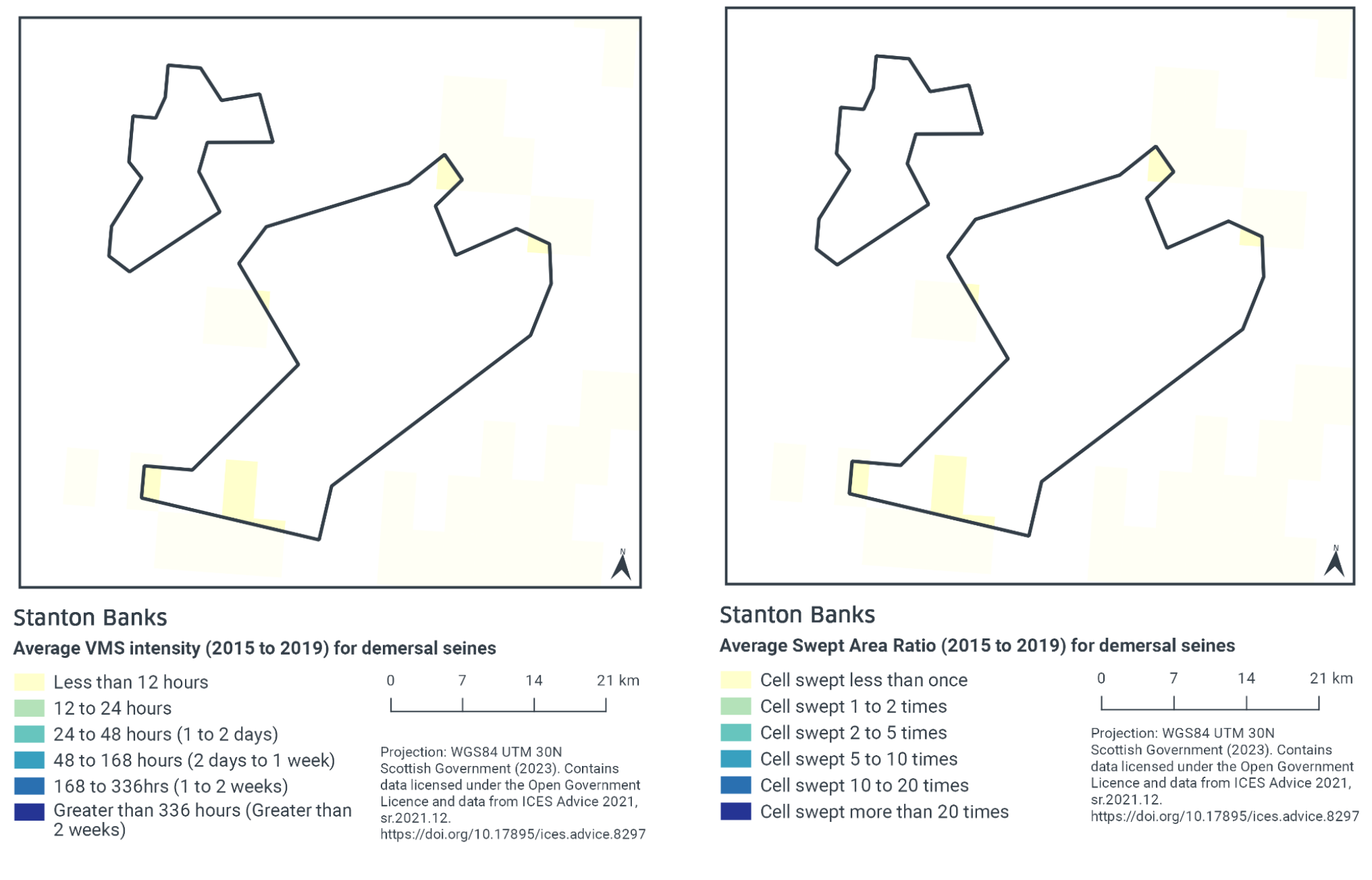 Map of Stanton Banks showing very little demersal seine activity, with none recorded in the northern section, and the southernmost end of the southern section experiencing less than 12 hours yearly. Map of Stanton Banks showing very little demersal seine activity, with none recorded in the northern section, and the southernmost end of the southern section experiencing less than one sweep a year. 