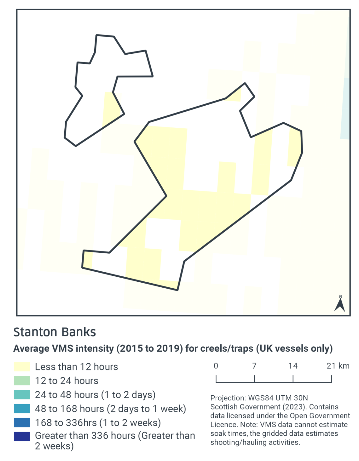 Map of creel and trap activity from UK boats in Stanton Banks. There is less than 12 hours of creel and trap activity yearly across both sections, with very little of the northern section experiencing this activity.