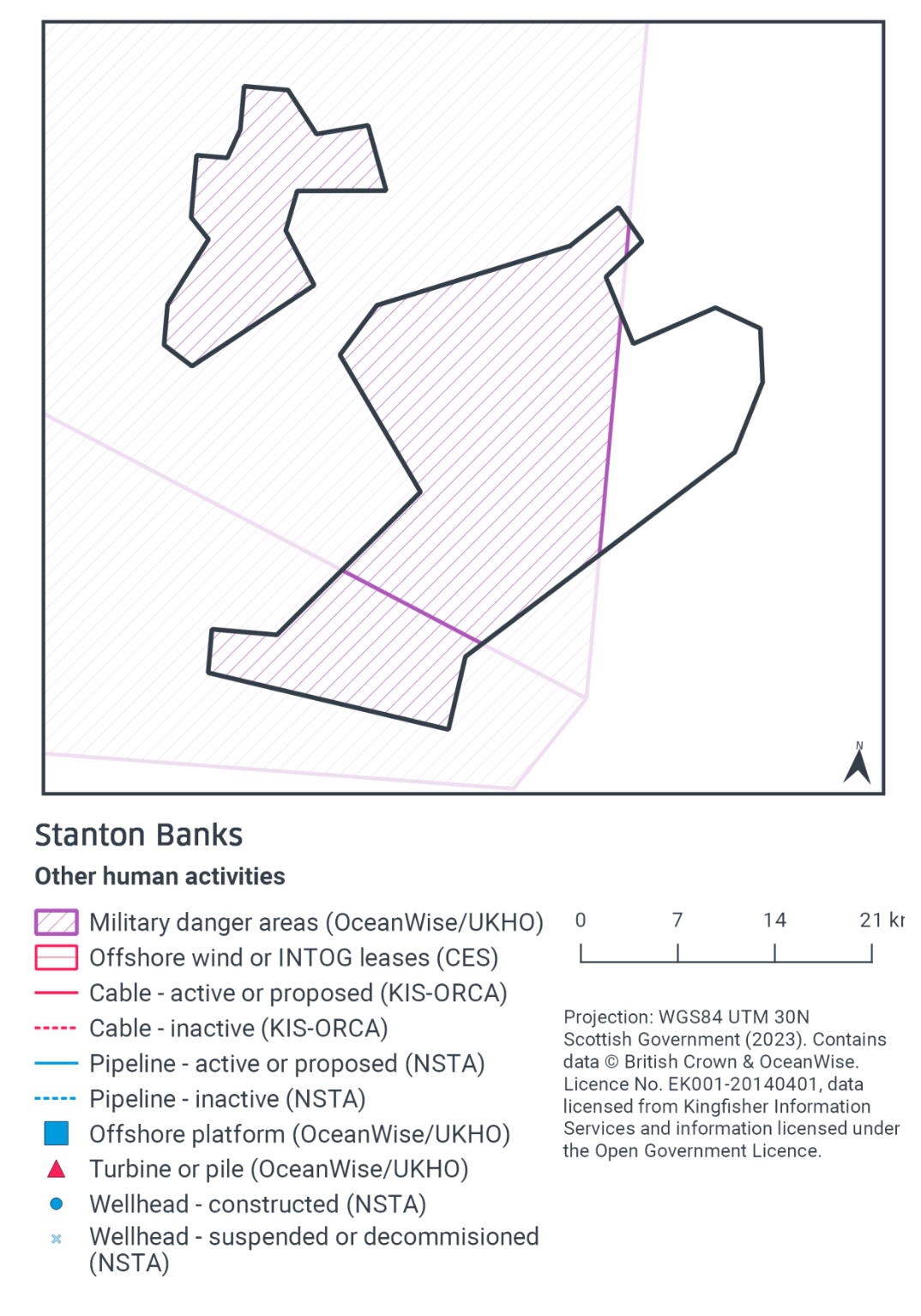 Map of Stanton Banks showing a military danger area encompasses most of the protected area, with only the easternmost portion of the southern section not encompassed by the military danger area.