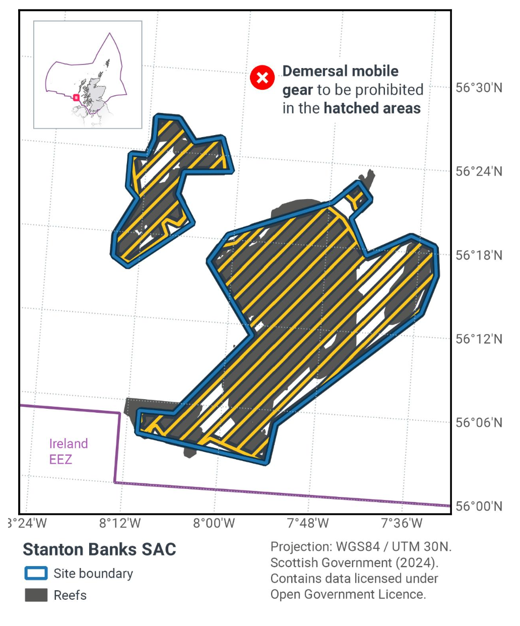 Map of Stanton Banks SAC showing demersal mobile gear to be prohibited across the vast majority of both sections of Stanton Banks. There are very small areas in both the northern and southern sections that are not marked as prohibiting demersal mobile gear, where there is no reef. However most non-reef areas of both sections fall under the prohibition.