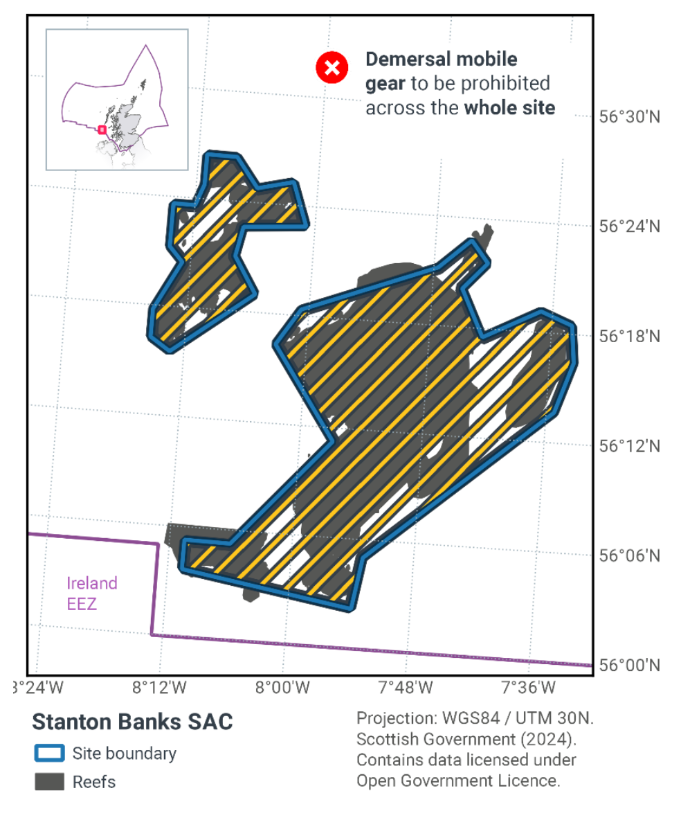 Map of Stanton Banks SAC showing demersal mobile gear to be prohibited from the entirety of both the northern and southern sections of Stanton Banks.