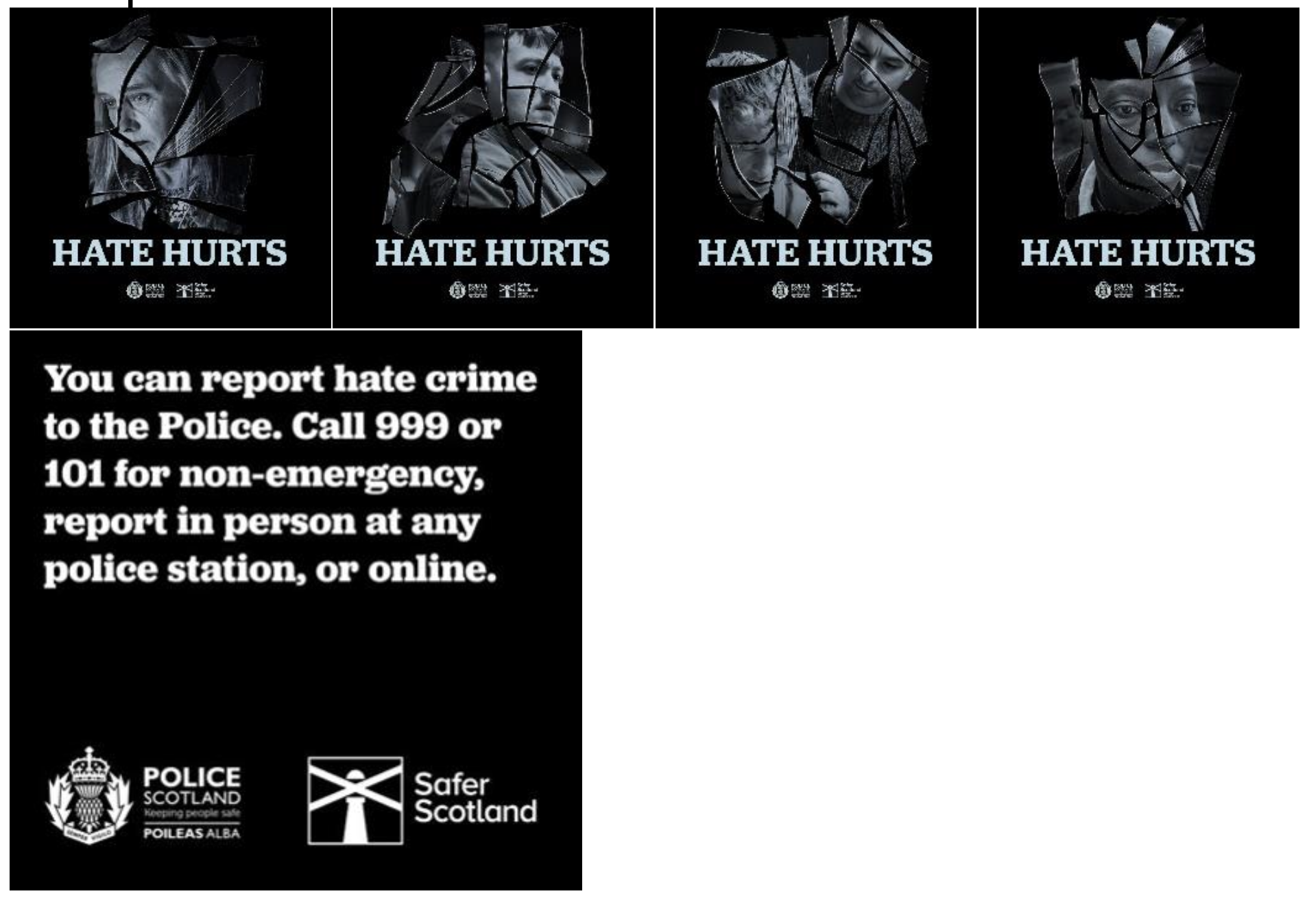 Hate Hurts campaign imagery, explaining how to report a crime. Call 999 or 101 for non-emergency or report in person at any police station, or online.