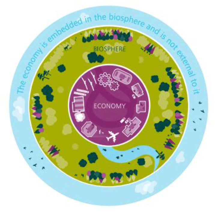 A diagram showing how the economy exists within the biosphere and is not external to it. Inner circle labelled Economy: contains icons representing economic activities such as factories, transportation, and technology. Outer ring labeled Biosphere: features natural elements including trees, plants, and water bodies. Surrounding blue ring contains the text: The economy is embedded in the biosphere and is not external to it.