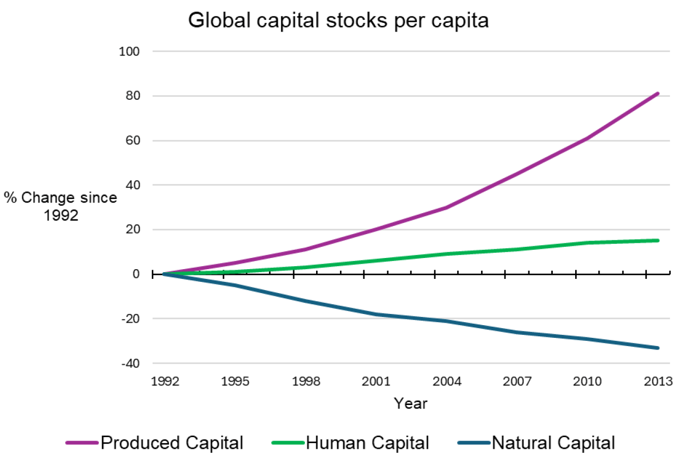 Line graph with three lines showing percentage change from 1992 to 2013. The x-axis represents years (1992–2013), and the y-axis shows percentage change since 1992. It shows Produced Capital increasing significantly over the period by over 80% and human capital increasing by just under 20%. Natural Capital has declined in comparison over the period by over 30%.