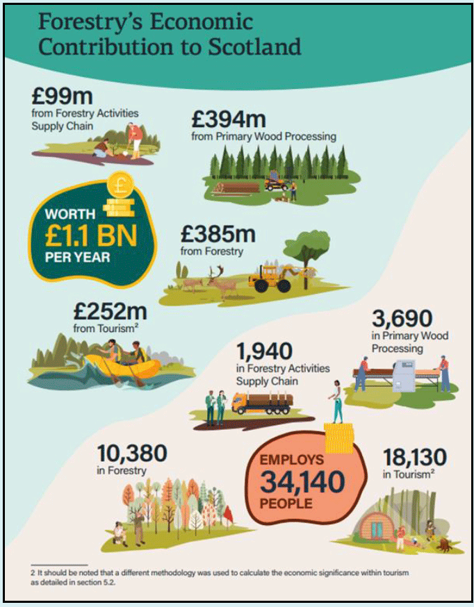 An infographic poster showing forestry's economic contribution to Scotland with headline statistics in text with corresponding images. £394m from primary wood processing, £385m from forestry, £252m from tourism, and £99m from forestry activities supply chain—totaling £1.1bn. Employment figures include: 10,380 in forestry, 3,690 in wood processing, 1,940 in supply chain, and 18,130 in tourism, with a total of 34,140 jobs. Note indicates tourism figures use a different methodology.