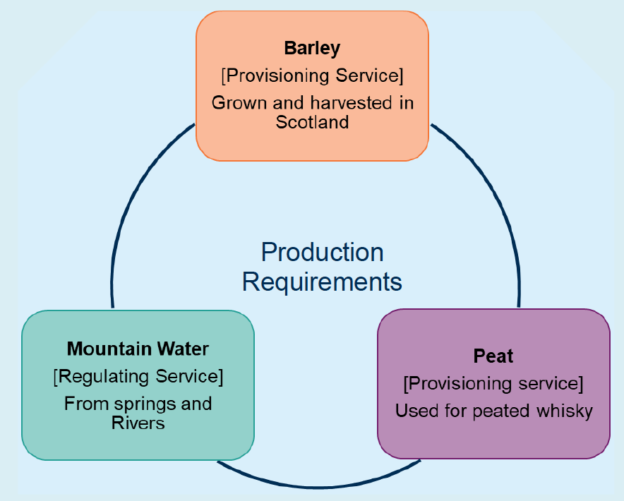 Circular diagram titled 'Production Requirements' showing three interconnected elements: barley (provisioning service), peat (provisioning service), and mountain water (regulating service)