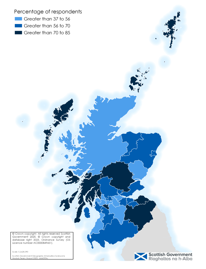 Map of Scotland showing each local authority shaded by the percentages who agree there are places to meet and socialise. This shows lots of variation between different local authorities, ranging from 37% up to 85%.