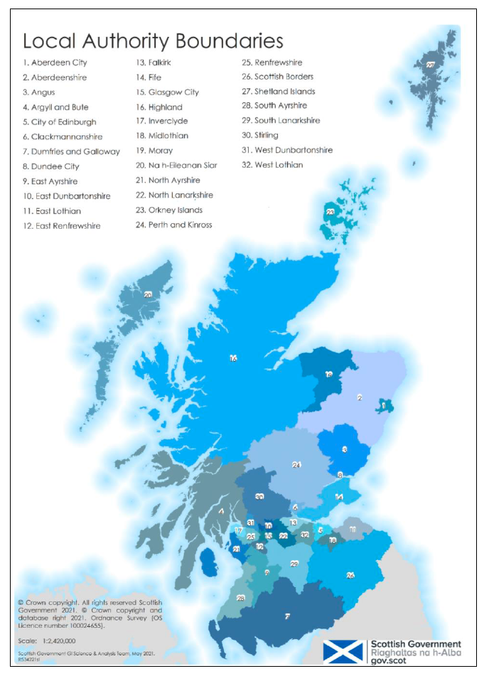 Map of 32 Local Authority Boundaries in Scotland.