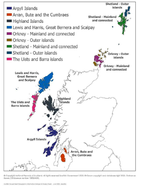 Map of the Scottish Island Regions as revised in 2023.
