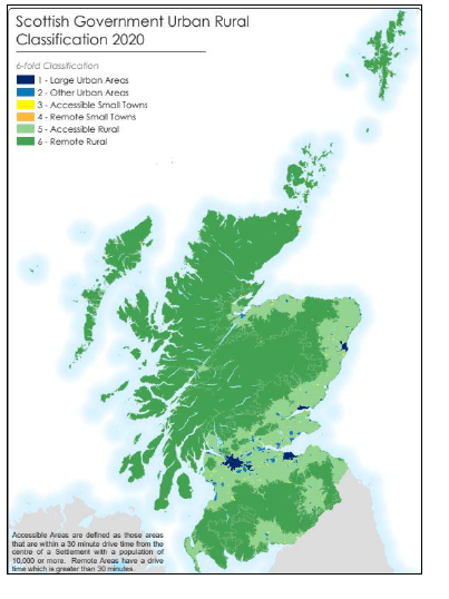 A map of the 6-fold Scottish Government Urban Rural Classification outlining 1- large urban areas, 2- Other urban areas, 3-Accessible small towns, 4-Remote small towns, 5-Accessible rural, 6-Remote rural.
