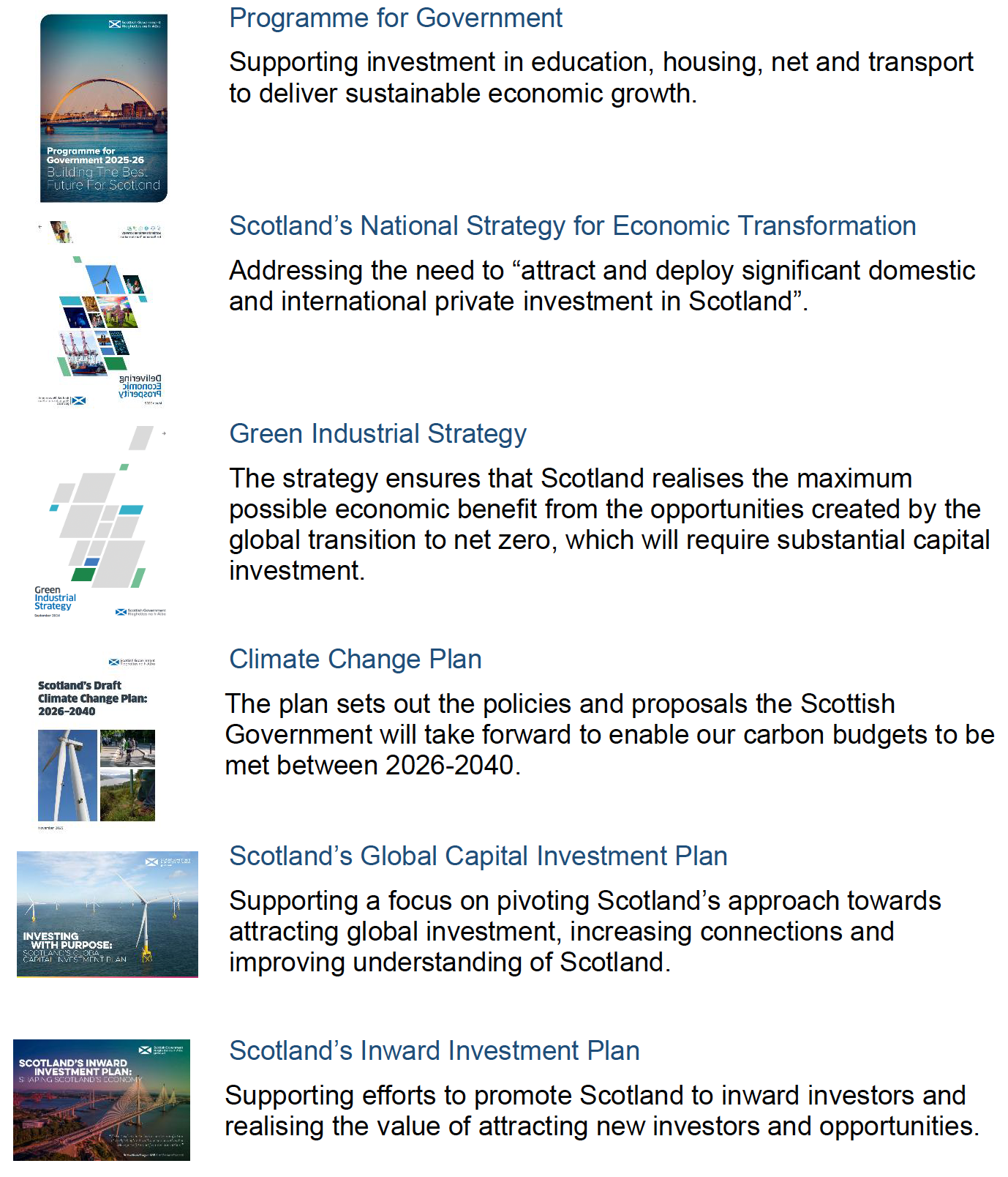 The box shows images of the cover pages of the Scottish Government’s publications: Programme for Government, Scotland’s National Strategy for Economic Transformation, Green Industrial Strategy, Climate Change Plan, Scotland’s Global Capital Investment Plan and Scotland’s Inward Investment Plan.