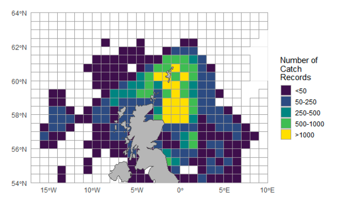 A map of catch records made by the Scottish sectoral fleet in 2023. Records are displayed in ICES statistical rectangles. Most rectangles with high numbers of catches are located in the North Sea between Shetland and the northeast Scottish mainland.